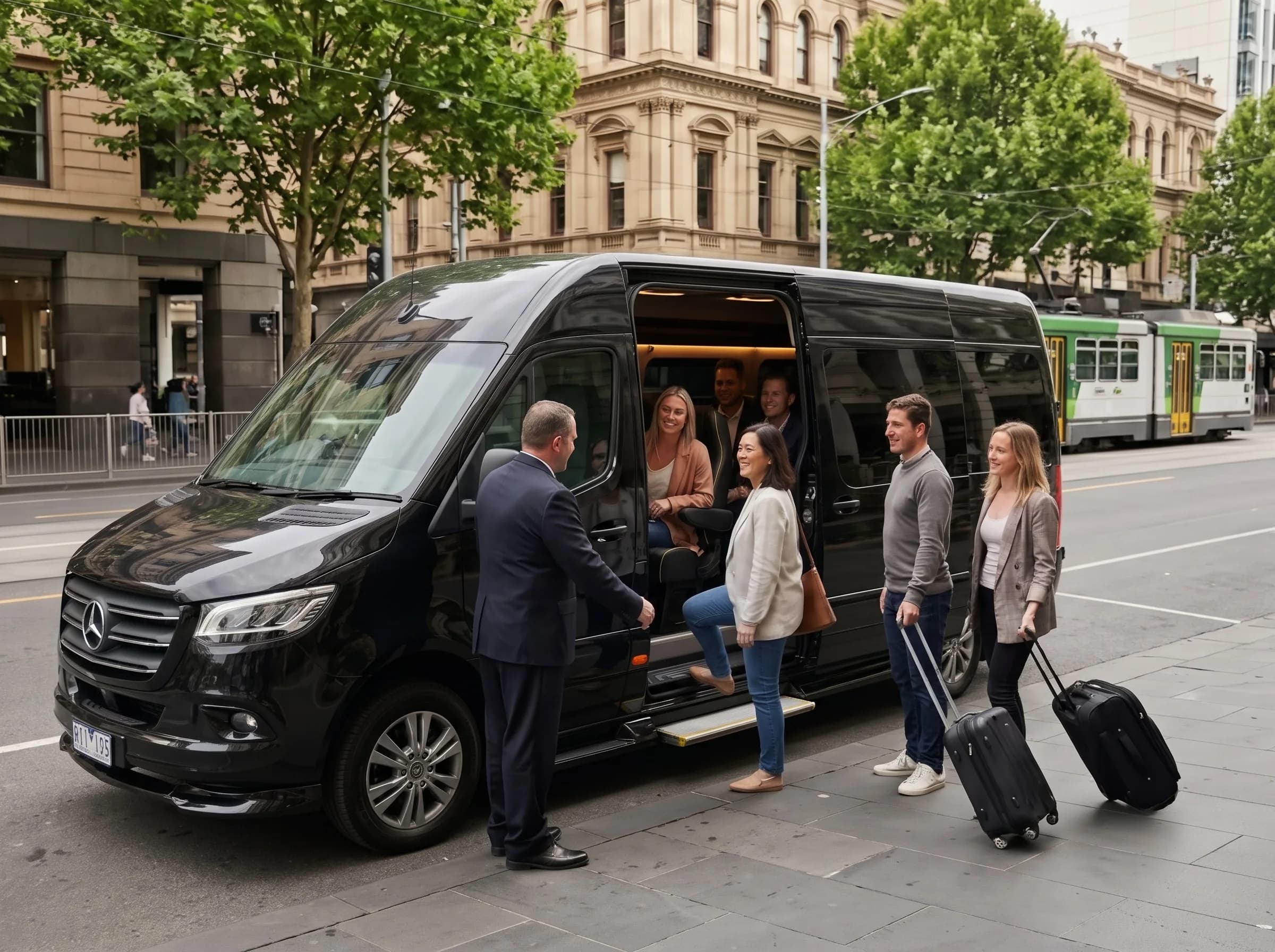 ME CABS maxi taxi on a Melbourne street, driver welcoming a group with luggage