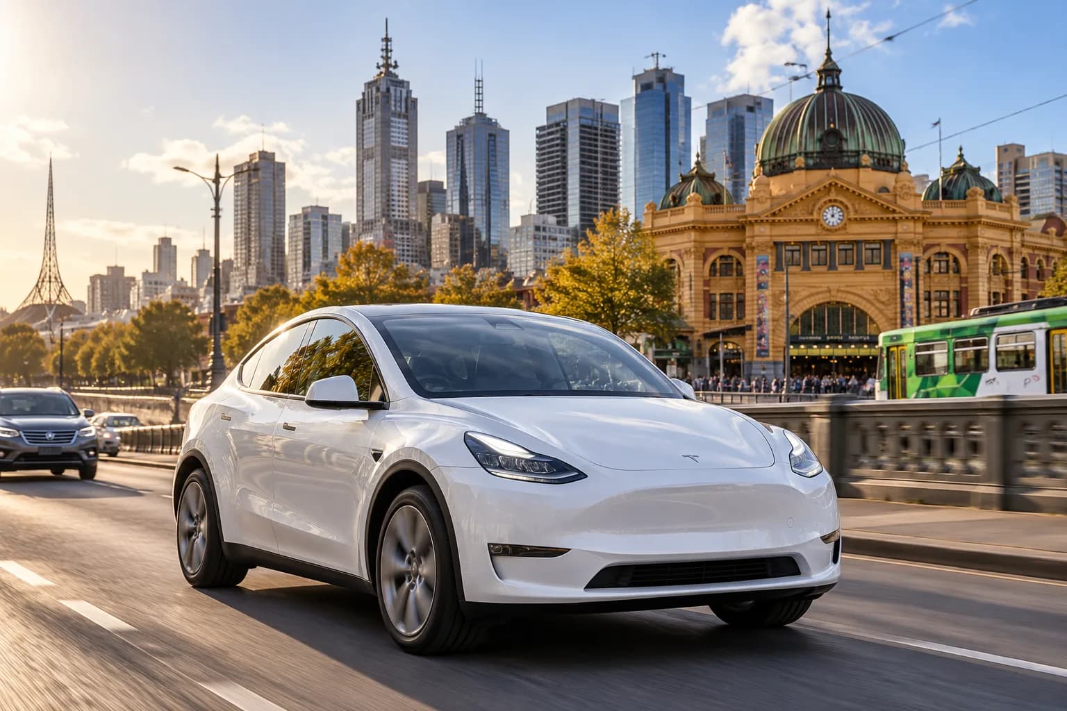 White electric car crossing Princes Bridge in front of Flinders Street Station, Melbourne